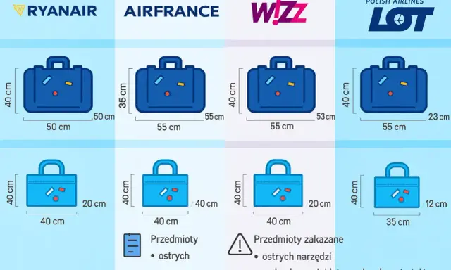 Grafika przedstawia walizki i torby podróżne różnych linii lotniczych (Ryanair, Air France, Wizz, LOT) z wymiarami.