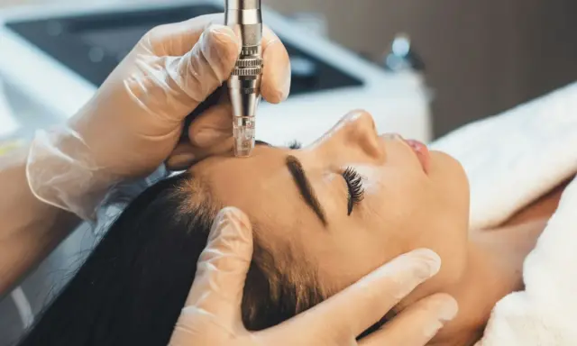 Un appareil de microneedling visage est utilisé par des mains gantées pour un soin de la peau.