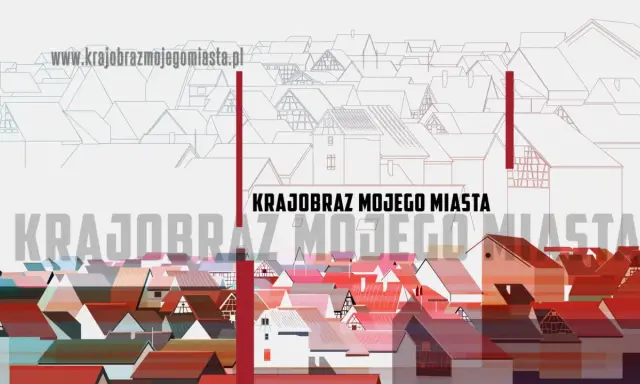 Krajobraz mojego miasta – gra planszowa. Stylizowany widok miasta z kolorowymi dachami i konturowymi budynkami.