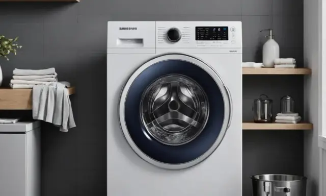 Nowa pralka Samsung z błędem SE. W łazience obok stoją czyste ręczniki i dozownik mydła.