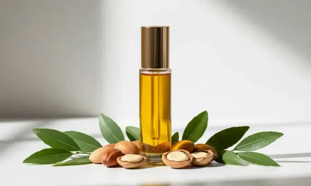 Flacon d'huile d'argan visage doré, entouré de noix d'argan et de feuilles vertes. Un élixir naturel pour sublimer votre peau.