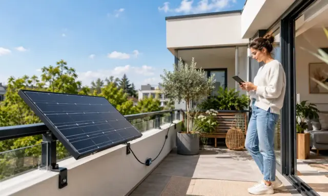 Une femme consulte sa tablette sur un balcon, à côté d'un panneau solaire plug and play installé sur la rambarde.
