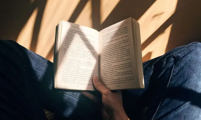 Mani che sfogliano un libro aperto, illuminato da raggi di sole. Un momento di pace e consigli libri.