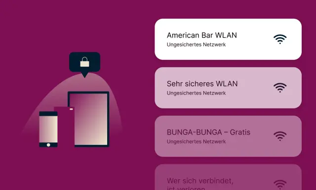Benachrichtigungen für WLAN-Netzwerke: "American Bar WLAN", "Sehr sicheres WLAN", "BUNGA-BUNGA – Gratis" und "Wer sich verbindet, ist verloren".