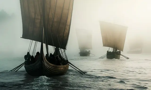 Vikingaskepp i dimma, en påminnelse om spännande fakta om vikingatiden och deras resor över havet.