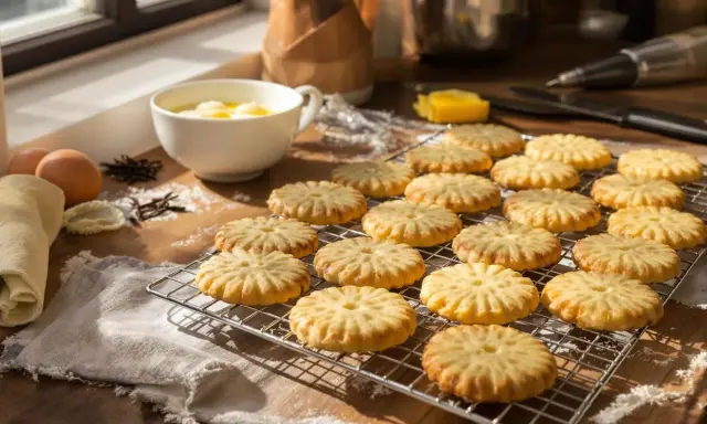 Délicieux biscuit avec blanc d'oeuf uniquement, parsemé de farine sur une grille. Des ingrédients frais sont prêts pour la pâtisserie.