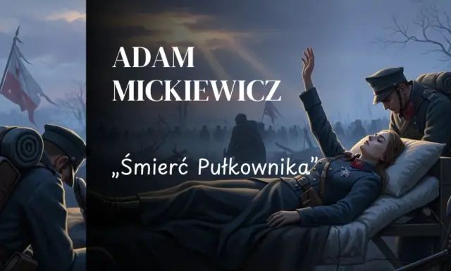 Ilustracja przedstawia umierającą kobietę w mundurze, otoczoną przez żołnierzy i polską flagę.