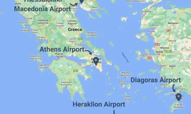 Mapa lotnisk w Grecji: Macedonia Airport, Athens Airport, Diagoras Airport, Heraklion Airport.