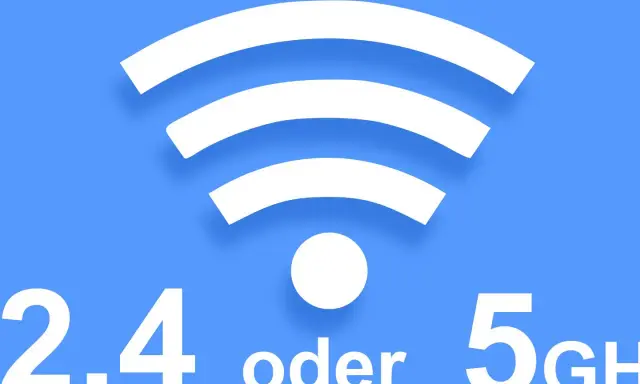 WLAN-Symbol mit der Frage: 2,4 GHz oder 5 GHz? Schnelles Internet für zuhause.