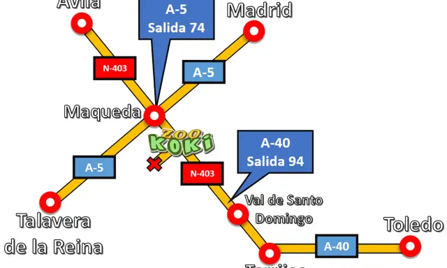 Mapa de carreteras con el zoo Koki en Maqueda, indicando rutas desde Ávila, Madrid, Talavera de la Reina y Toledo.
