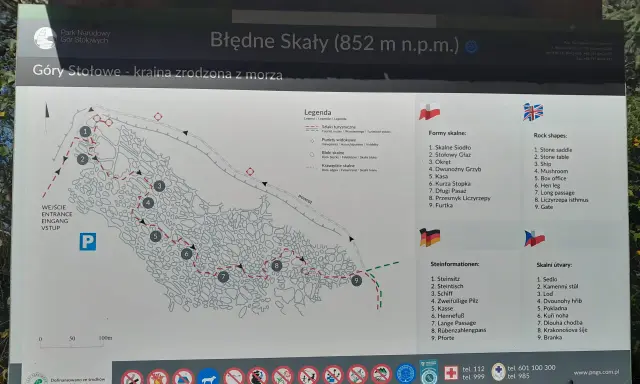 Mapa turystyczna Błędne Skały w Górach Stołowych. Pokazuje trasę, punkty widokowe i formy skalne.
