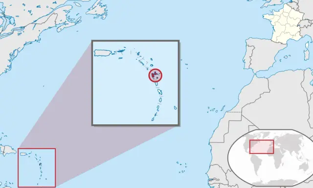Mapa pokazuje, gdzie leży Gwadelupa, w archipelagu Małych Antyli, na Morzu Karaibskim.