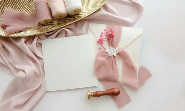 Eleganckie zaproszenie ślubne z różową wstążką i pieczęcią. W tle złota taca z rolkami wstążek. Zastanawiasz się, ile wczesniej zaprasza się na slub?