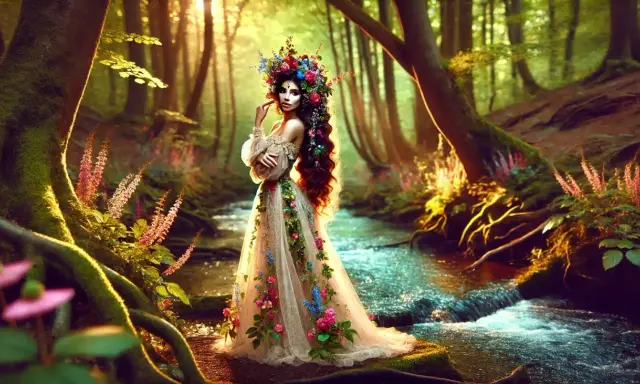 Eine Nymphe, die die Bedeutung von Natur und Schönheit verkörpert, steht in einem blumenbedeckten Kleid an einem Bach im Wald.