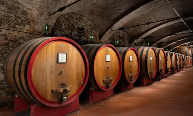 Vinlagring i källare med stora träfat, en del av Rocche Costamagna.