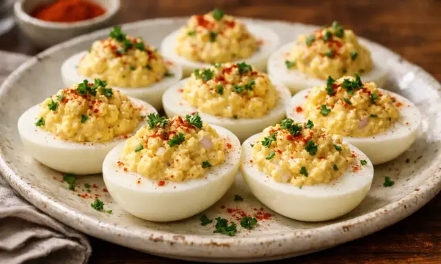 Plate of delicious oeufs mimosa, garnished with paprika and parsley.