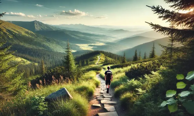 Młody turysta wędruje kamienistym szlakiem przez zielone wzgórza. Piękne trasy trekkingowe Polska czekają na odkrycie.