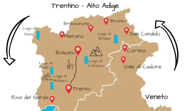 Mappa illustrata del Trentino-Alto Adige con tappe come Lago di Resia, Bolzano, Trento, Cortina. Un itinerario trentino alto adige da scoprire.