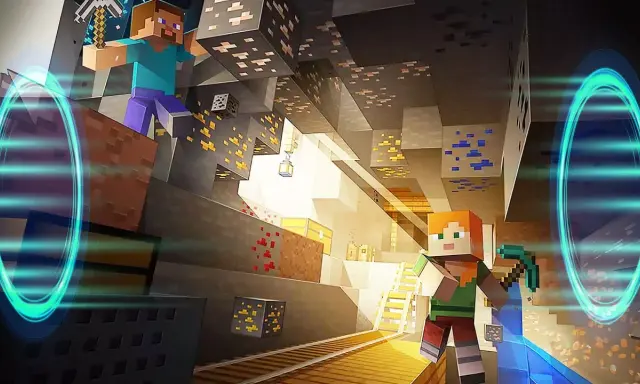Steve i Alex w kopalni, otoczeni przez rudy i skrzynie, przygotowują się do przygody z modami na serwer Minecraft.
