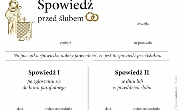 Dokument "Spowiedź przed ślubem" z miejscem na pieczątkę, dane penitenta i nr protokołu. Zawiera instrukcję i sekcje na dwie spowiedzi.