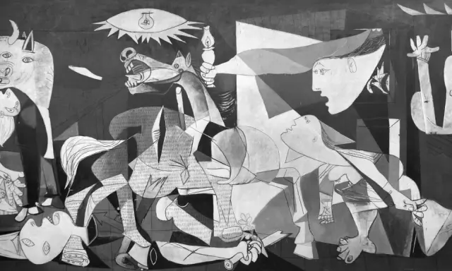 Picasso's Guernica, a powerful and controversial art piece, depicts the horrors of war with a bull, a screaming horse, and anguished figures.