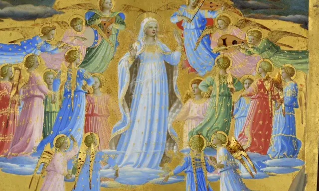 Tableau assomption de la vierge. La Vierge Marie, entourée d'anges musiciens, s'élève vers le ciel dans une gloire dorée.
