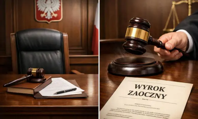 Sądowy młotek uderza w drewnianą podstawę. Czy sprawa o alimenty może odbyć się bez pozwanego? Wyrok zaoczny sugeruje, że tak.