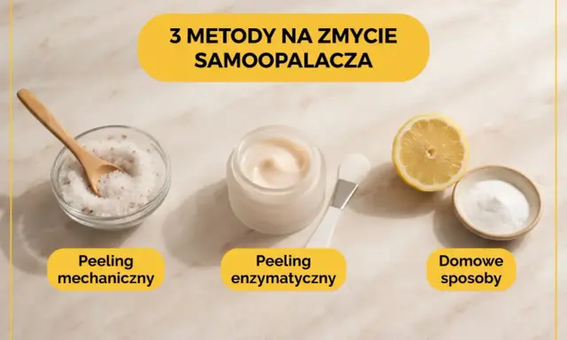 3 metody na zmycie samoopalacza: peeling mechaniczny (sól), enzymatyczny (krem) i domowe sposoby (cytryna, soda).