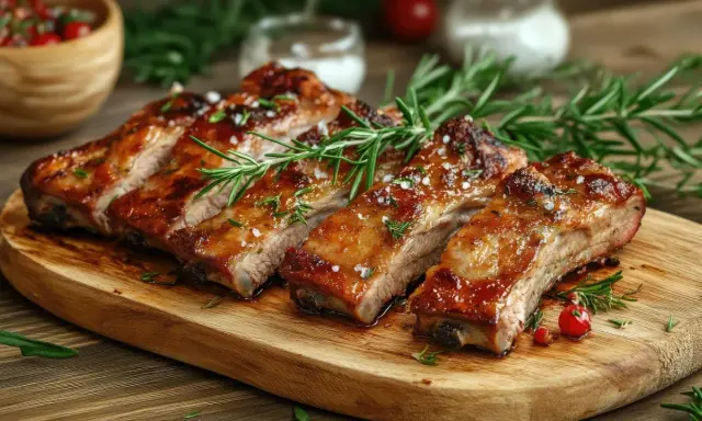 Costillas de cerdo jugosas y glaseadas, adornadas con romero fresco y sal gruesa, servidas en tabla de madera.