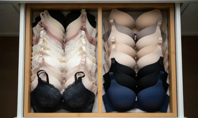 Un cassetto ordinato con reggiseni coppe preformate in varie tonalità neutre e scure. Il loro significato è offrire supporto e forma.