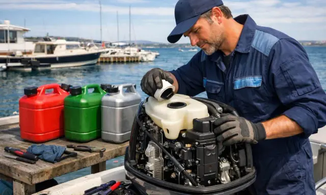 Mécanicien remplissant un moteur hors-bord avec de l'essence 95 ou 98. Bidons de carburant rouges, verts et argentés à proximité.