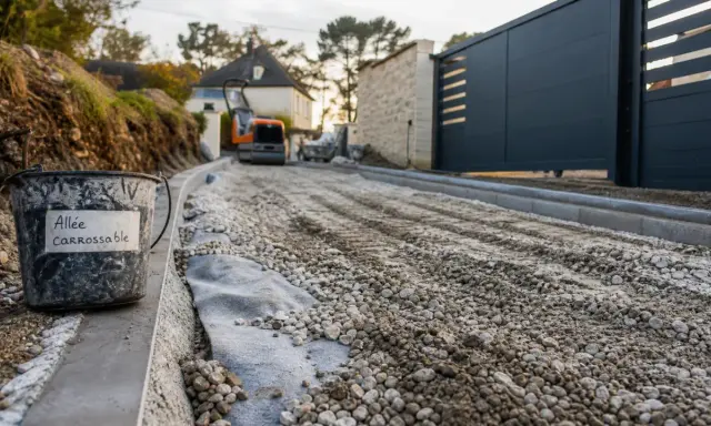 Un seau étiqueté "Allée carrossable" attend sur le chantier. Le gravier est prêt pour la construction de la nouvelle voie d'accès.