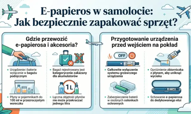 Czy można wziąć e papierosa do samolotu? Tak, ale z zasadami. Urządzenie i płyny do 100 ml w bagażu podręcznym, baterie zabezpieczone.