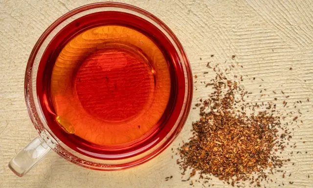 Eine Tasse roter Rooibos Tee neben getrockneten Blättern. Ideal für die Schwangerschaft.