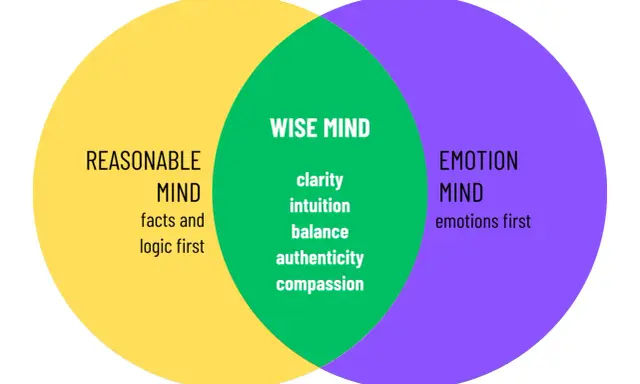 Venn-diagram som visar hur "wise mind" uppstår ur en balans mellan "reasonable mind" (logik) och "emotion mind" (känslor).
