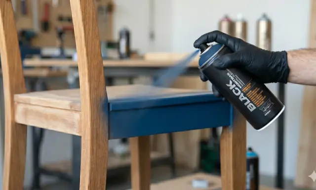Main d'une personne portant un gant noir, peignant du mélaminé bleu sur un siège de chaise en bois avec une bombe de peinture noire.