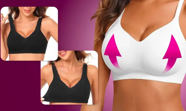 Un reggiseno disegno con pizzo nero, mostrato in due inquadrature, e un reggiseno bianco con frecce rosa che indicano un effetto push-up.
