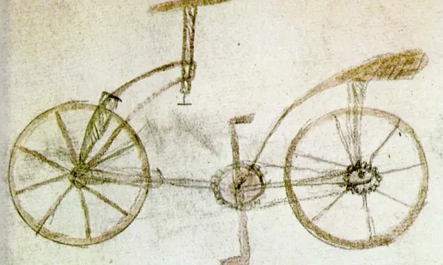Szkic roweru z napędem łańcuchowym, jeden z wczesnych projektów. Ciekawe fakty o historii roweru.