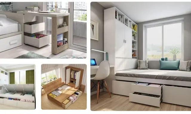 Idées d'aménagement petite chambre : lits avec rangements intégrés, bureaux gain de place et armoires modulables pour optimiser l'espace.