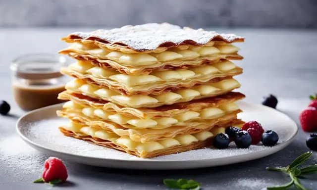 Un déliceux mille-feuille de pommes, garni de crème pâtissière et saupoudré de sucre glace, avec des baies fraîches.