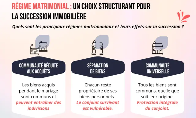 Schéma comparant trois régimes matrimoniaux (communauté réduite aux acquêts, séparation de biens, communauté universelle) et leurs impacts sur la transmission du patrimoine immobilier.