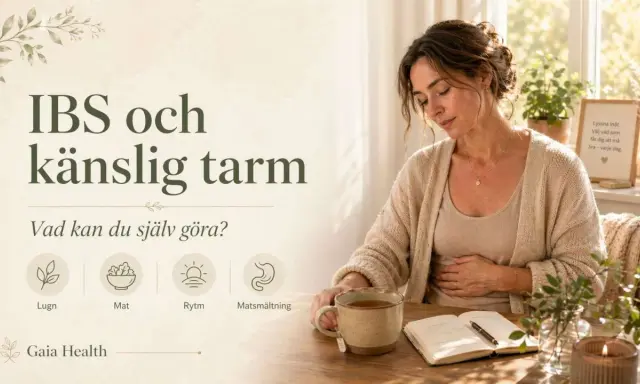 Kvinna med handen på magen, text om IBS och känslig tarm. Fokus på lugn, mat, rytm och matsmältning.