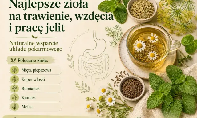 Kubek herbaty z rumiankiem, miseczki z koprem włoskim i kminkiem, liście mięty i melisy.