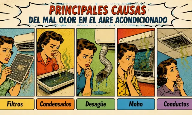 Mujer con cara de asco por el **olor a podrido en casa** debido a filtros sucios, condensados, desagüe, moho y conductos del aire acondicionado.