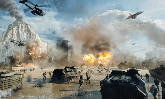 Intensywna bitwa na plaży, czołgi i żołnierze w akcji, helikoptery i myśliwce na niebie. To scena z Battlefield 6.
