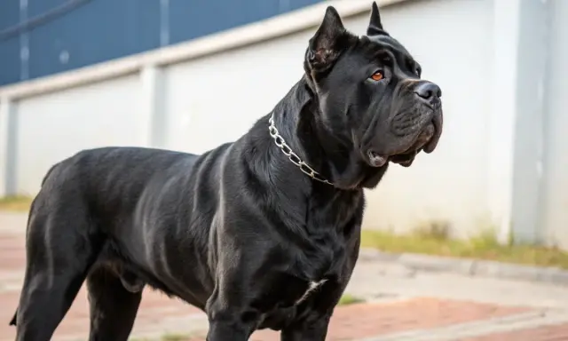 Un Cane Corso noir, musclé, porte une chaîne argentée. Son alimentation est essentielle pour sa puissance.