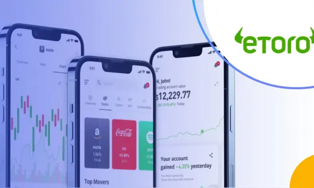 Trzy smartfony pokazują aplikację eToro z wykresami i danymi giełdowymi. Czy eToro jest bezpieczne? Platforma oferuje handel akcjami, kryptowalutami i innymi instrumentami.