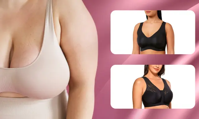 Primo piano di una donna con grande tette in un reggiseno color carne. A destra, due reggiseni neri indossati da modelle.