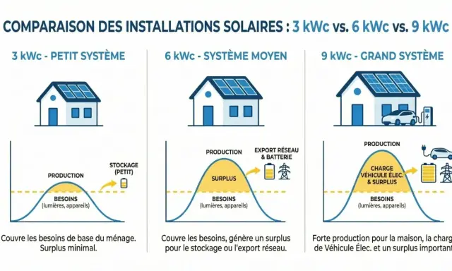 Comparaison de la puissance panneau solaire : 3, 6 et 9 kWc. Le système 9 kWc offre une forte production pour la maison, la recharge de véhicule électrique et un surplus important.