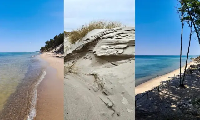 Trzy ujęcia dzikich plaż nad Bałtykiem: piaszczyste wydmy, spokojne morze i lasy porastające klify.
